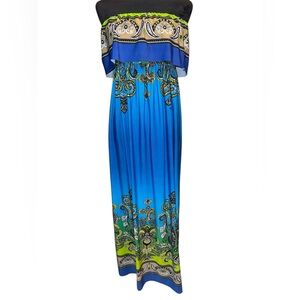 Bailey Blue Paisley Boho Strapless Maxi Dress, Size Large